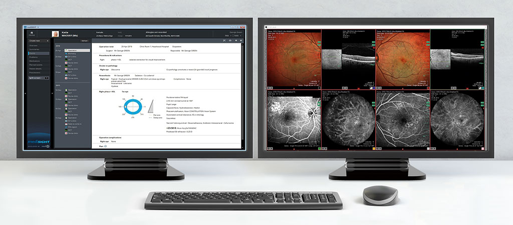 Through the acquisition of Medisoft, Heidelberg Engineering has expanded its healthcare IT portfolio with advanced EMR solutions (left monitor) that complement the HEYEX Platform for Ophthalmic Image Management and Device Integration.